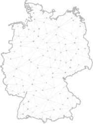 Übersichtskarte von Deutschland mit einem abstrakten Netz von miteinander verbundenen Linien und Punkten, die digitale Standorte symbolisieren, die sich über das ganze Land verteilen und einem technologischen Netz ähneln. IFF Akademie - kaufmännische Weiterbildung