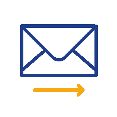 Ein blauer Umriss eines Briefumschlags mit einem gelben Pfeil, der nach rechts unten zeigt, symbolisiert das Senden einer E-Mail oder einer IHK-Anmeldung. IFF Akademie - kaufmännische Weiterbildung