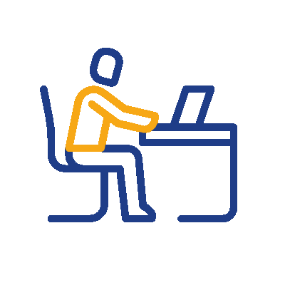 Einfache Strichzeichnung einer Person, die an einem Schreibtisch sitzt, in schlechter Haltung nach vorne gebeugt, während sie einen Laptop benutzt - vielleicht beim Ausfüllen einer IHK-Anmeldung. Der Rücken und der Arm der Person sind gelb hervorgehoben. Blauer Hintergrund. IFF Akademie - kaufmännische Weiterbildung