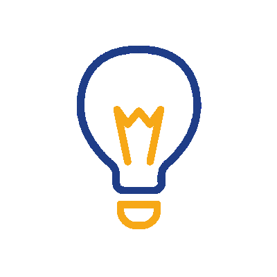 Eine einfache Illustration einer blau umrandeten Glühbirne mit orangefarbenem Glühfaden und Sockel auf einem transparenten Hintergrund - perfekt für Präsentationen oder Materialien der IHK Anmeldung. IFF Akademie - kaufmännische Weiterbildung