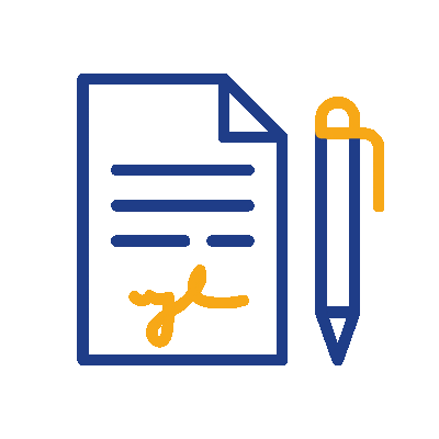 Einfache Strichzeichnung eines Dokuments mit Schrift und einer Unterschrift neben einem Stift, die die IHK-Anmeldung symbolisiert. Das Dokument und der Stift sind blau umrandet, die Unterschrift und die Stiftklammer sind gelb hervorgehoben. IFF Akademie - kaufmännische Weiterbildung