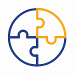 Eine einfache Illustration von vier ineinandergreifenden Puzzleteilen, die einen Kreis bilden und die Kursvoraussetzung darstellen, mit drei blauen Teilen und einem gelben Teil im oberen rechten Bereich. IFF Akademie - kaufmännische Weiterbildung