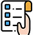 A hand holding a checklist with three blue checkboxes and black lines indicating text; the top corner of the paper is folded and colored yellow.
